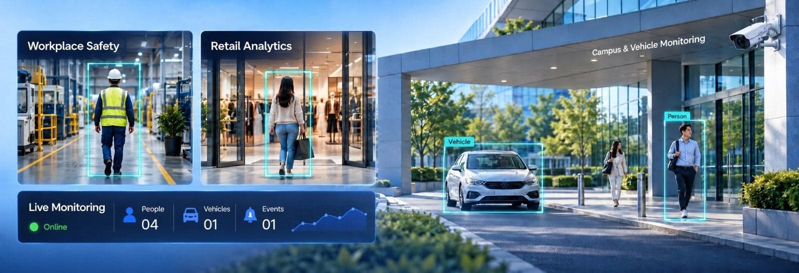 FARBE Vision at work: a worker in a factory and a shopper in a store tracked on screen, and a car and pedestrian tagged outside a campus entrance