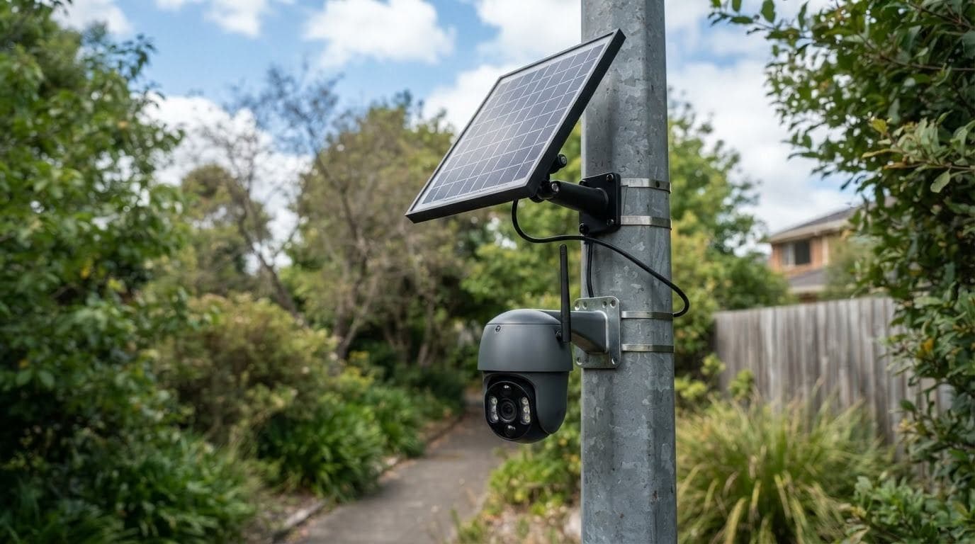 A solar-powered camera on a pole beside a garden path