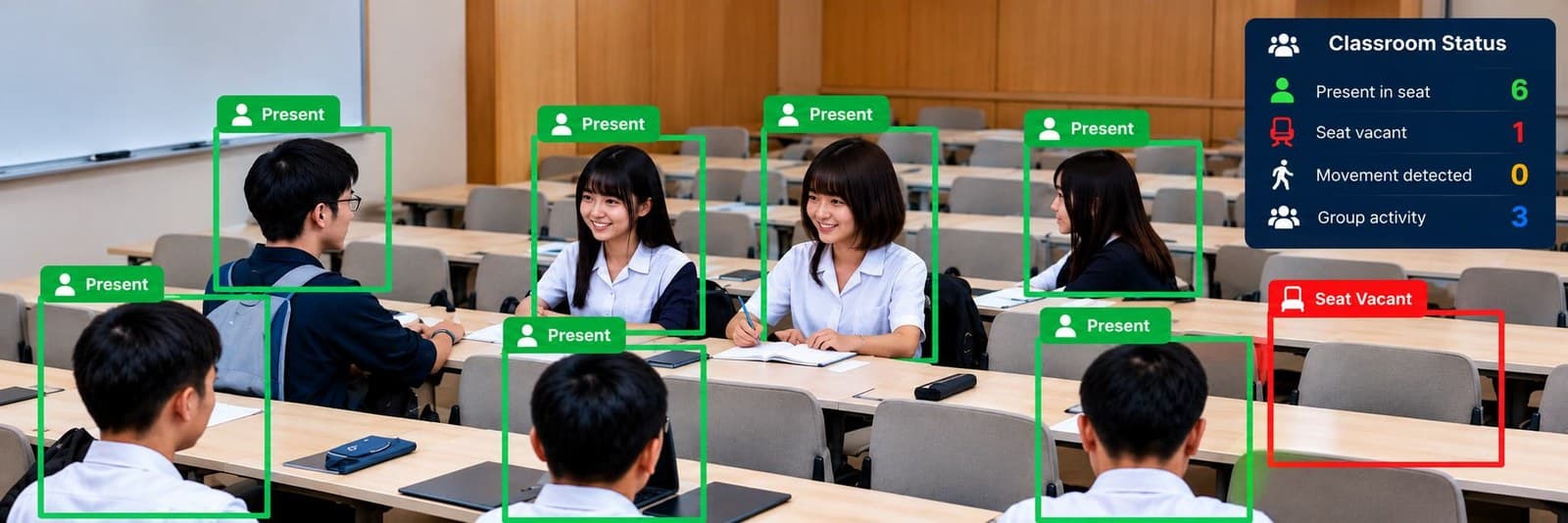 Students in a classroom marked present, with one seat flagged vacant