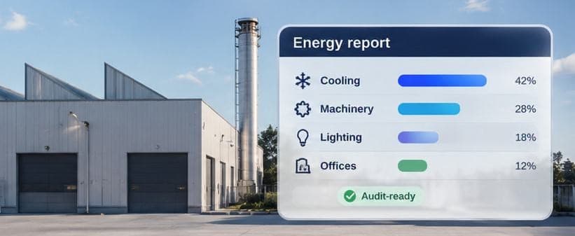 An industrial building beside an energy report splitting use between cooling, machinery, lighting and offices