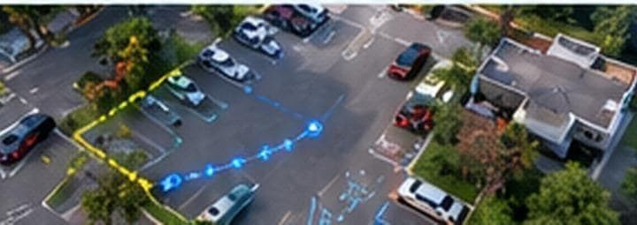 An aerial view of a car park with a vehicle's route traced across it