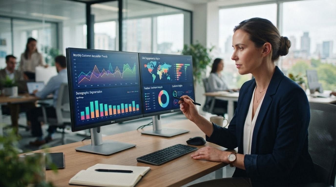 An analyst studying customer segment charts across two monitors