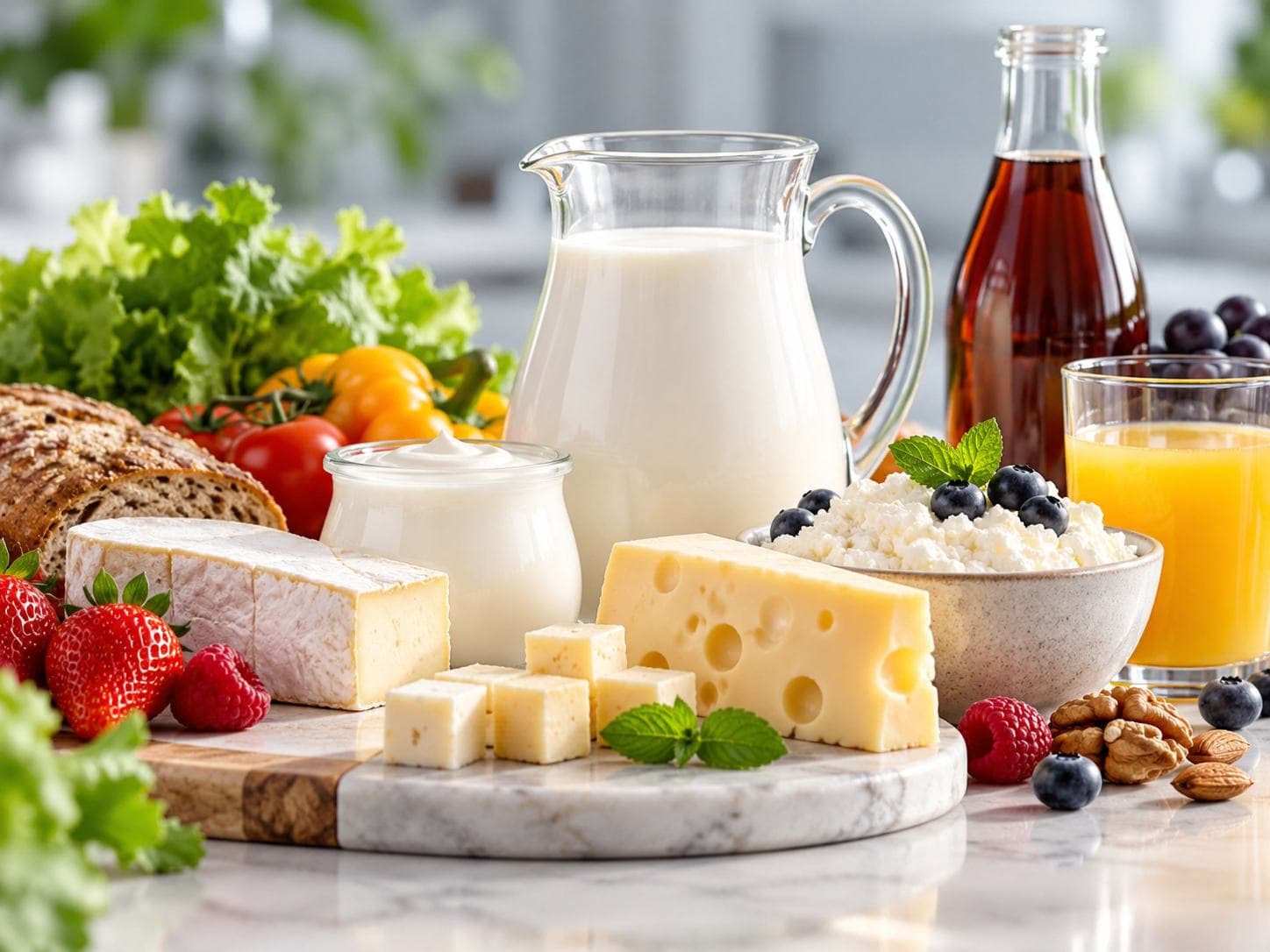Milk, cheese, yoghurt, juice and fresh produce on a table