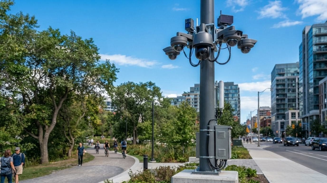 A cluster of cameras on a street pole in a city park