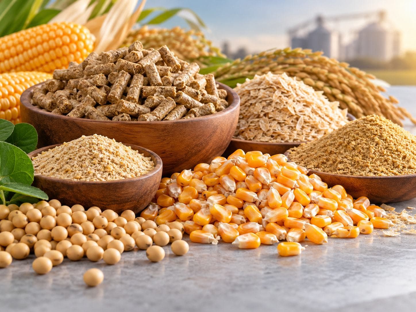 Bowls of feed pellets, grains, maize and soybeans