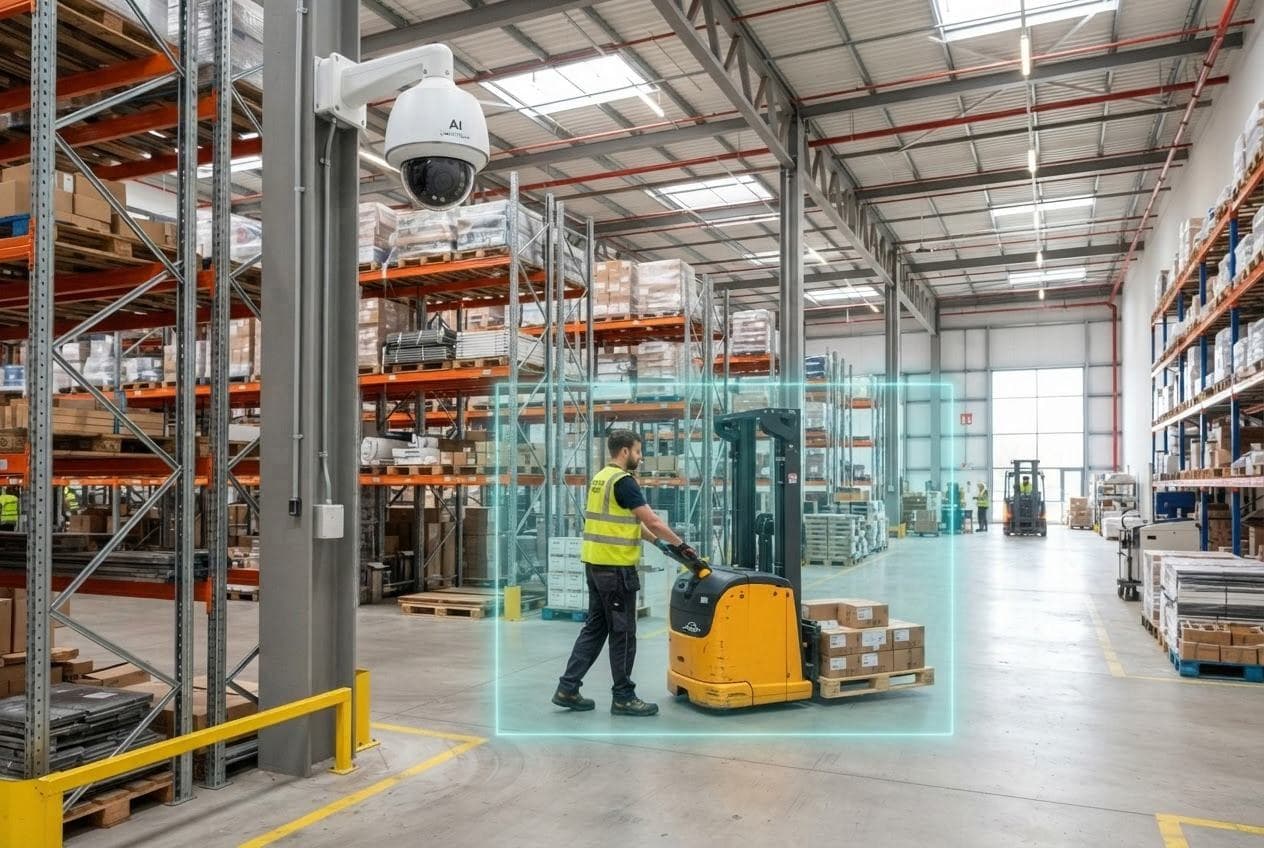 A warehouse aisle where a worker moving a pallet truck is picked out in high detail