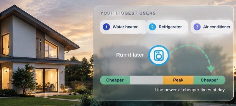 A house at sunset with an app suggesting the water heater runs later, when power is cheaper