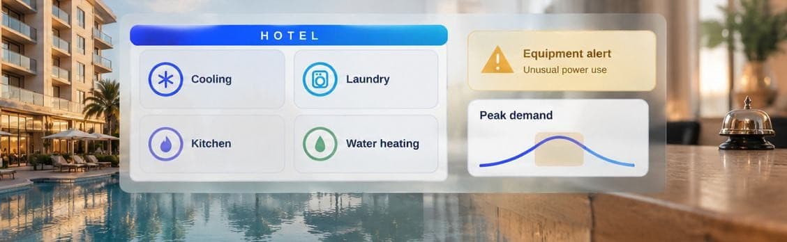 A hotel pool terrace with a panel showing cooling, laundry, kitchen and water heating, a peak demand curve and an equipment alert