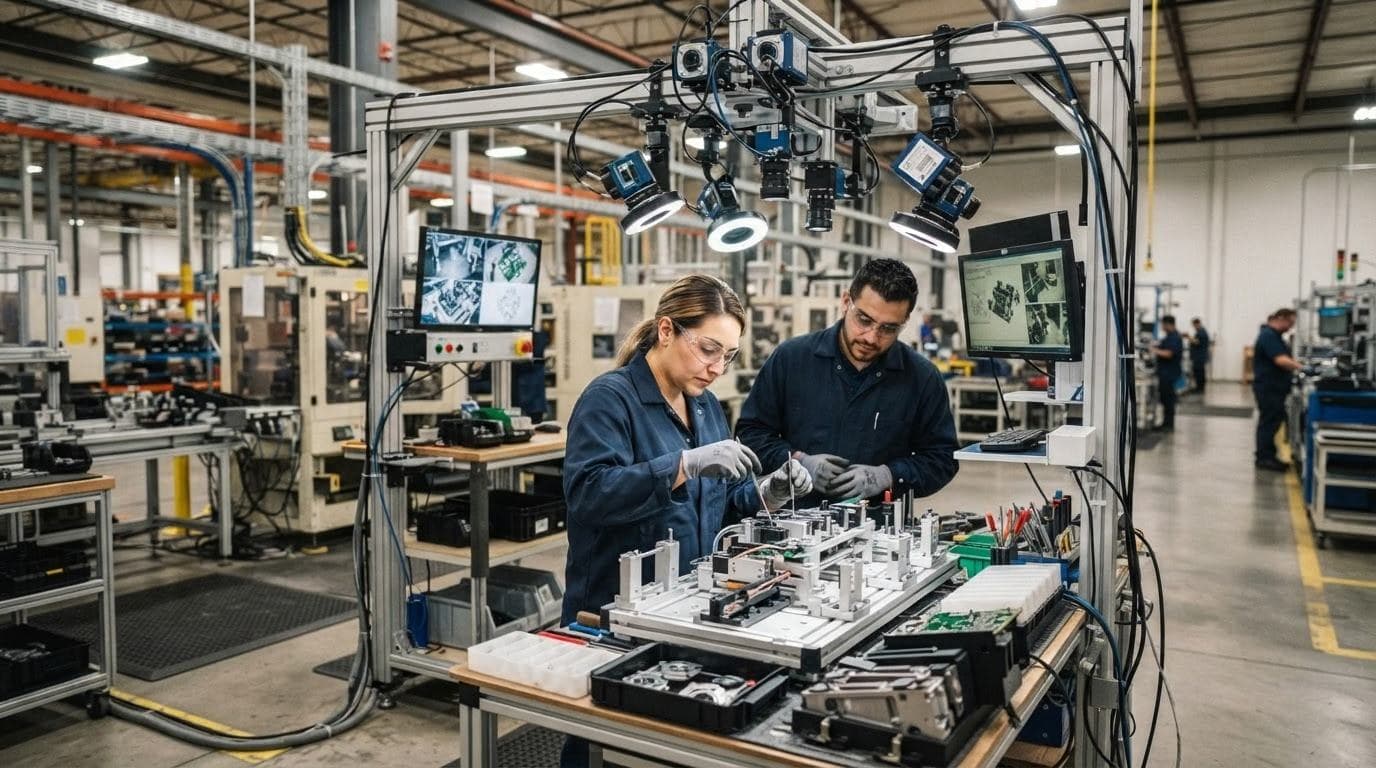 Engineers working at an assembly station under a ring of cameras