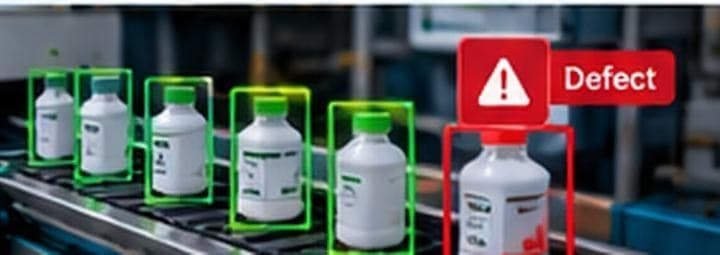 Bottles on a production line, with one flagged as a defect