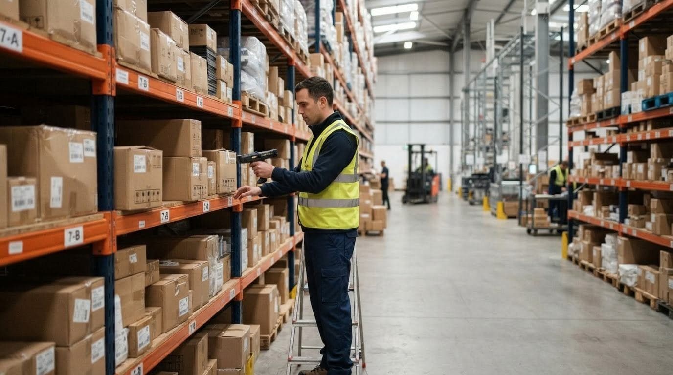A warehouse worker checking stock on tall shelves