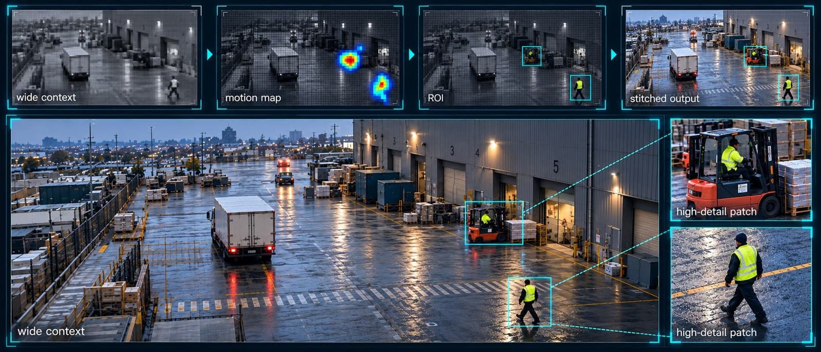 Falcon Vision at work: a wide low-detail view of a loading yard, a motion map, regions of interest, and high-detail patches of a forklift and a worker stitched back in