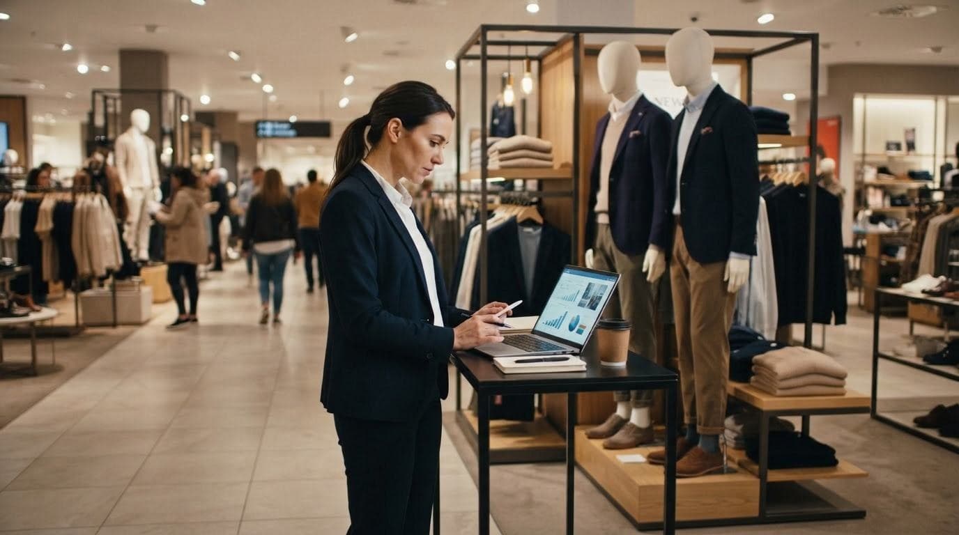 A store manager checking a laptop beside a display of suits