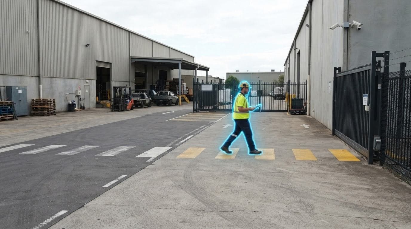 A worker crossing a loading yard, outlined in high detail