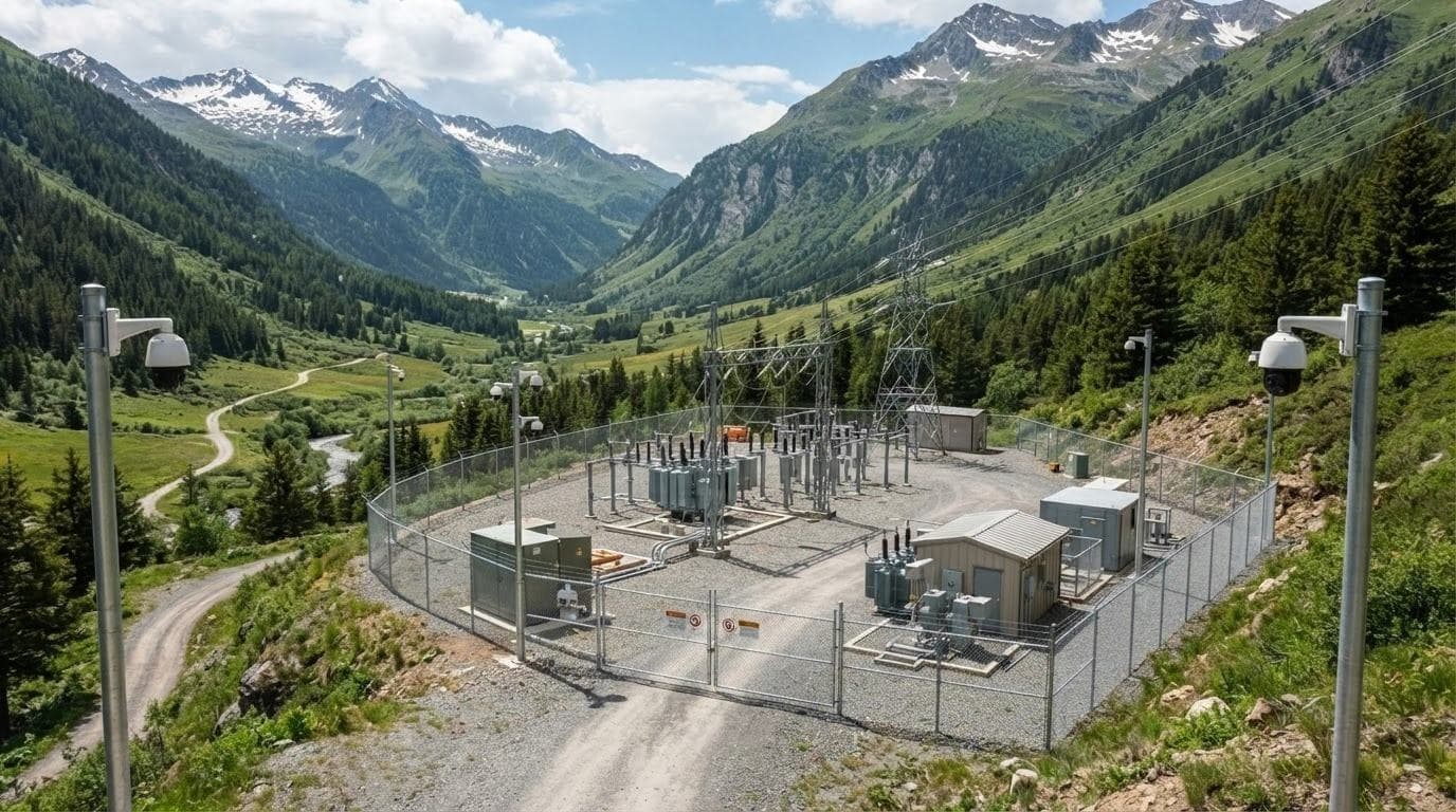 A fenced substation in a mountain valley watched by pole cameras