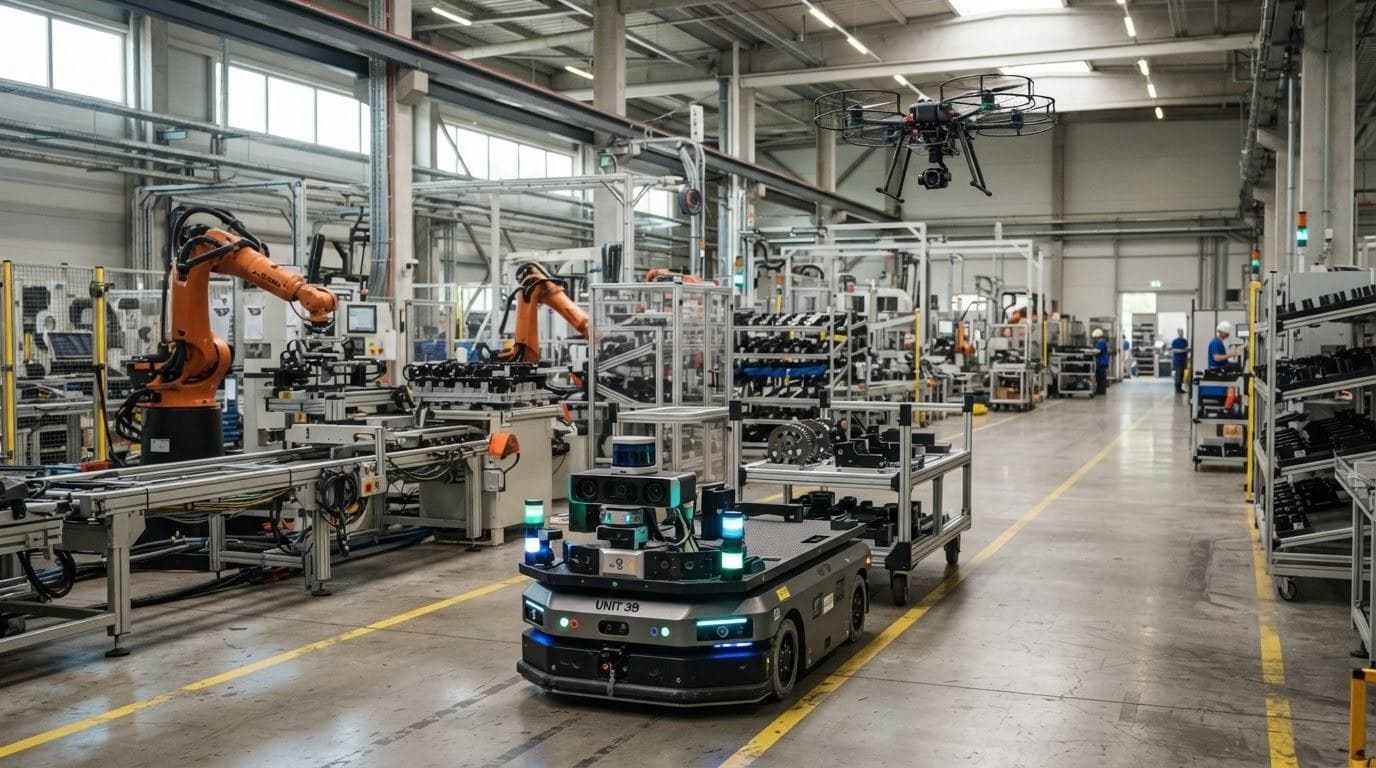 Robot arms, a mobile robot and a drone on a factory floor