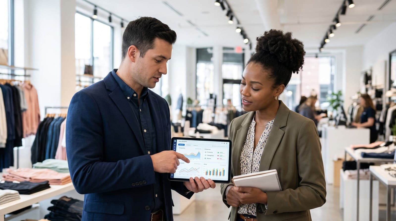 Two colleagues in a clothing store reviewing sales charts on a tablet