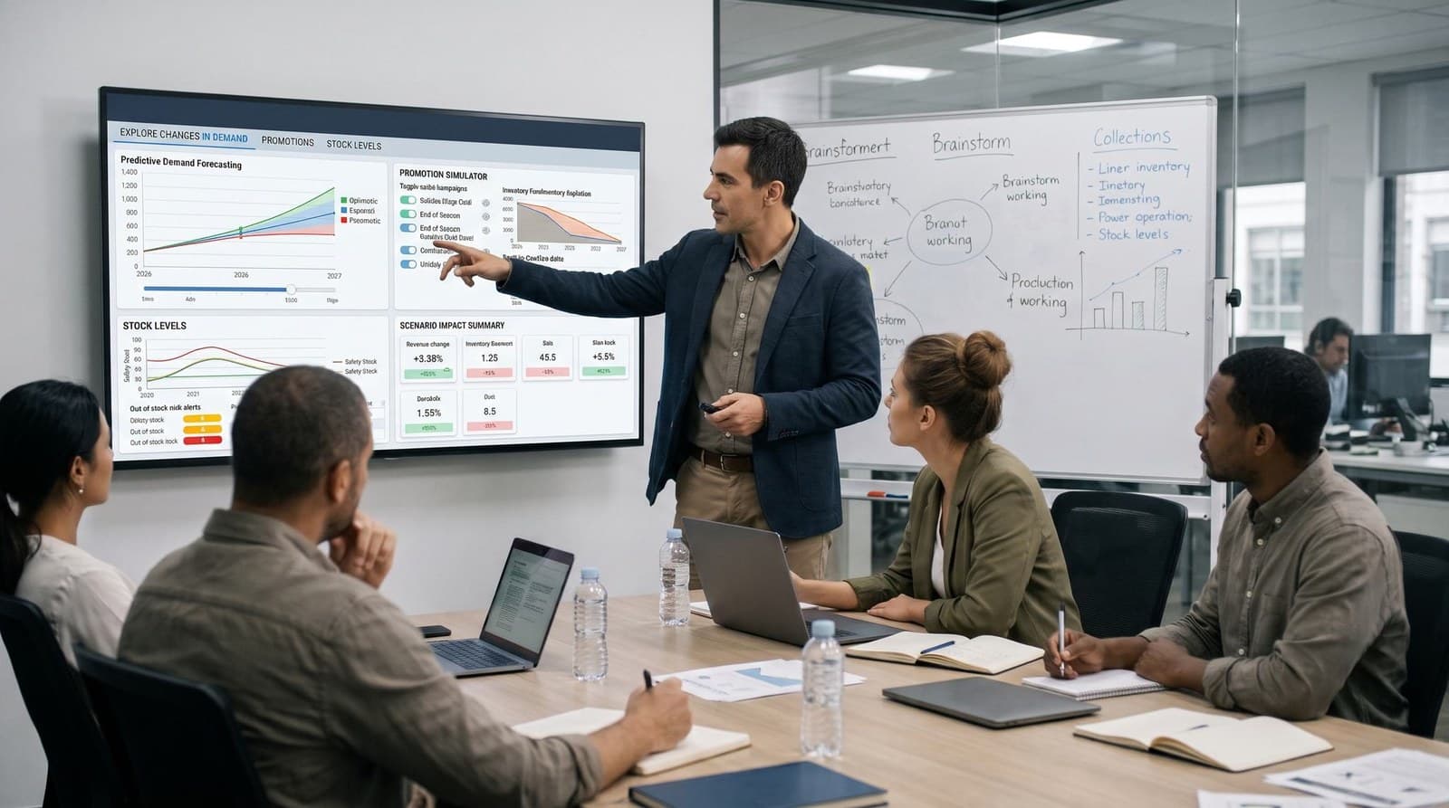 A team meeting around a screen of demand forecasts