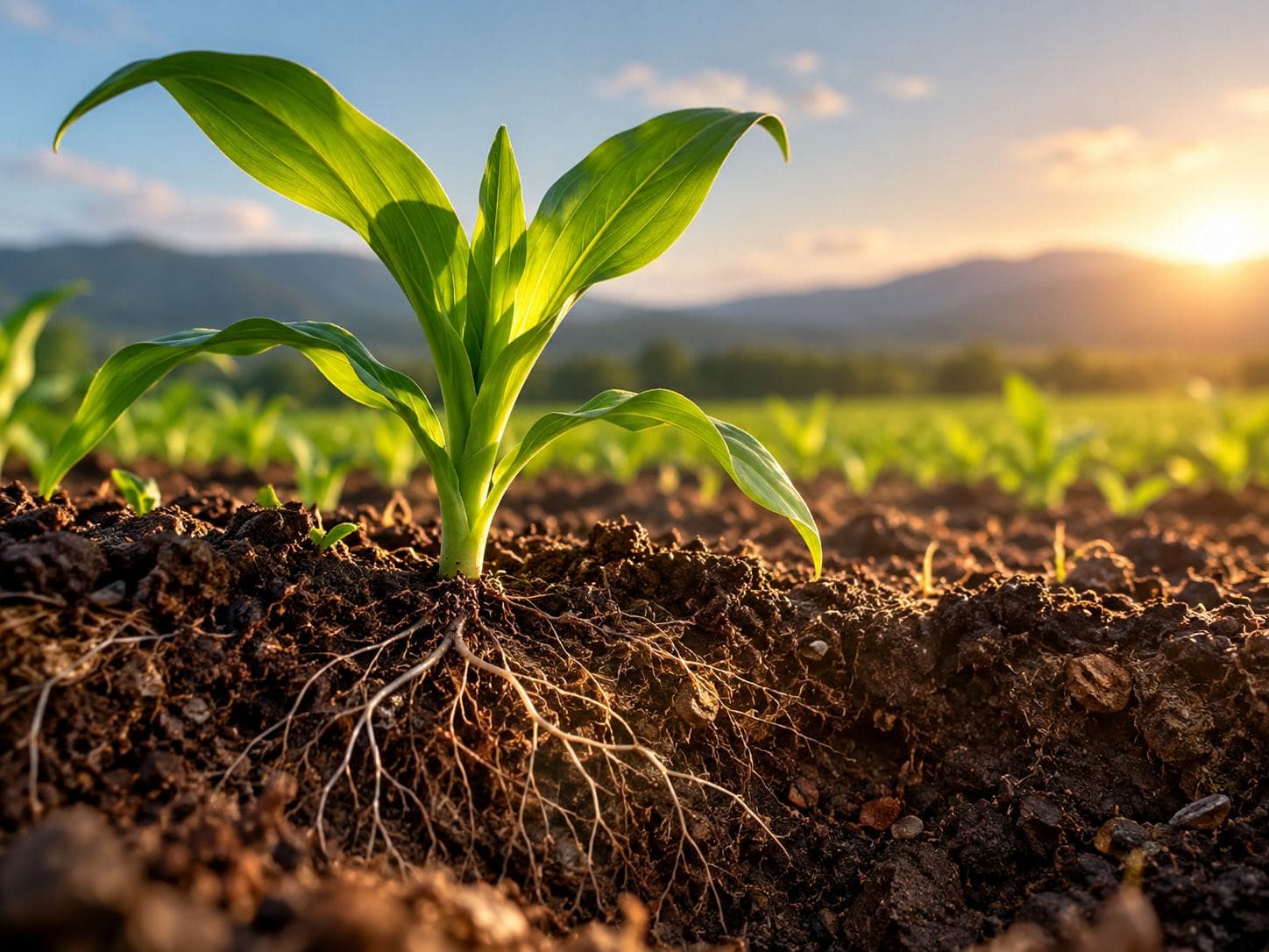 A young maize plant with its roots spreading through the soil