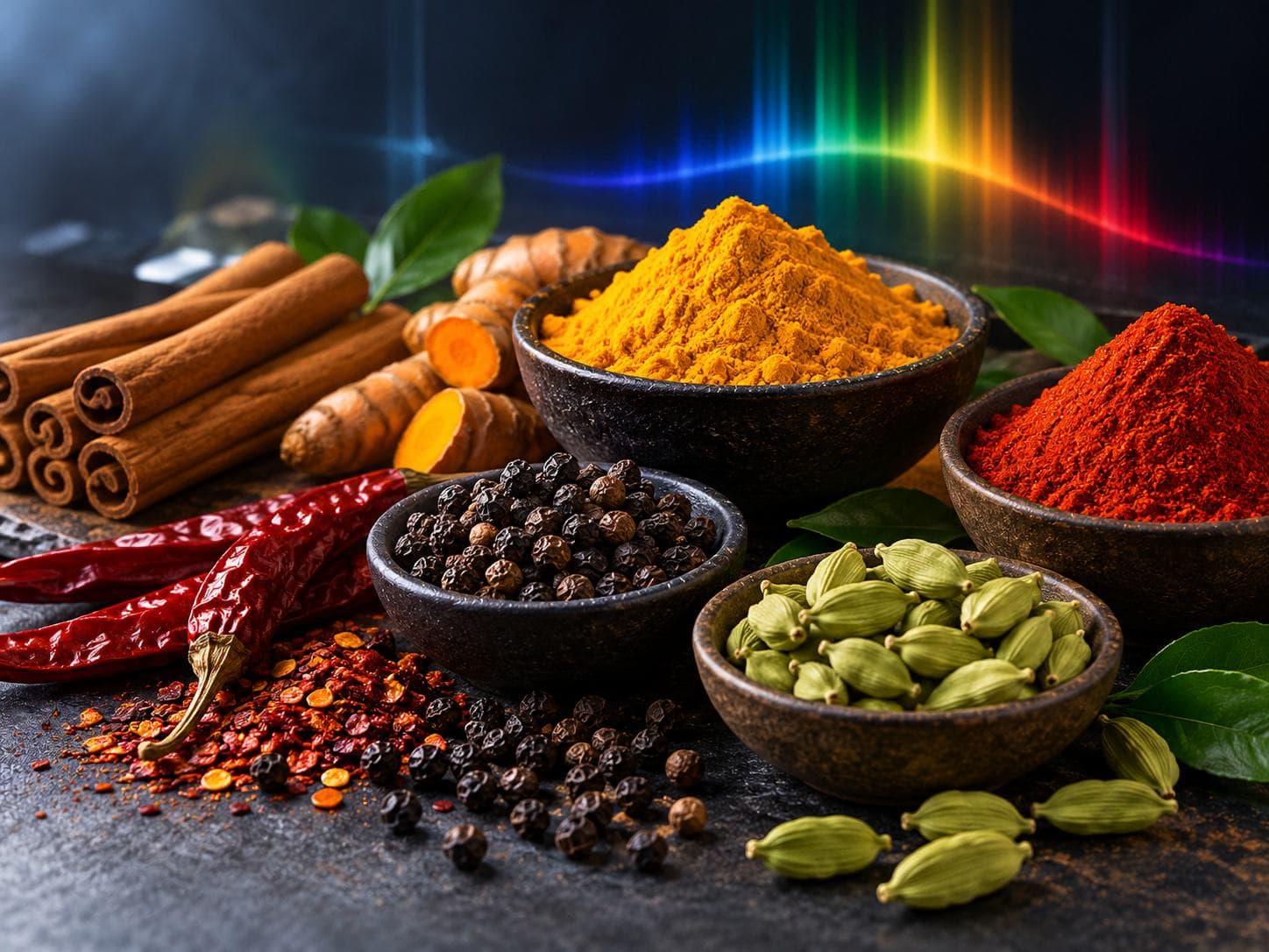 Bowls of turmeric, chilli, pepper and cardamom with cinnamon sticks