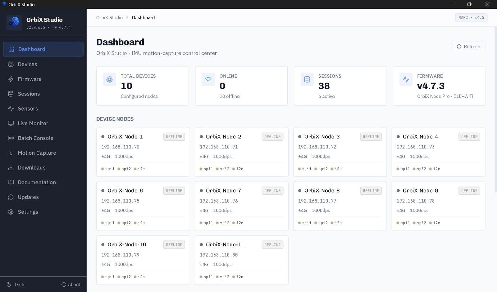 OrbiX Studio dashboard listing connected sensor nodes, recording sessions and firmware