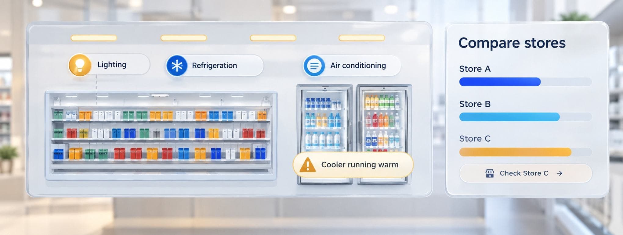 Supermarket shelves and coolers with a warning that a cooler is running warm, beside a comparison of three stores