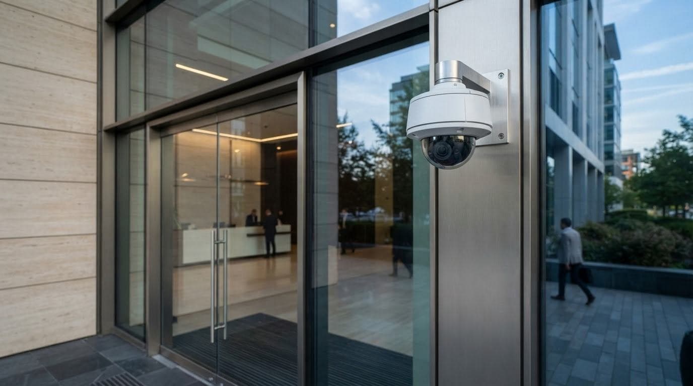 A dome camera above the glass entrance of an office building