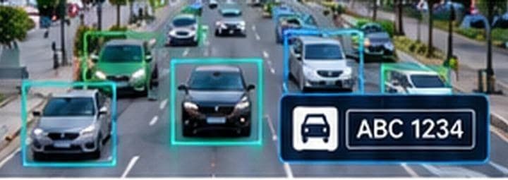 Cars on a city road with detection boxes, one with its number plate read