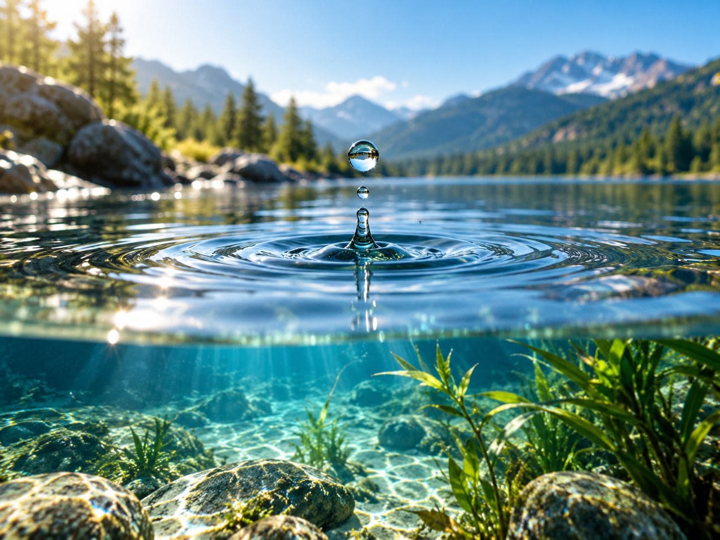 A water droplet falling into a clear mountain lake