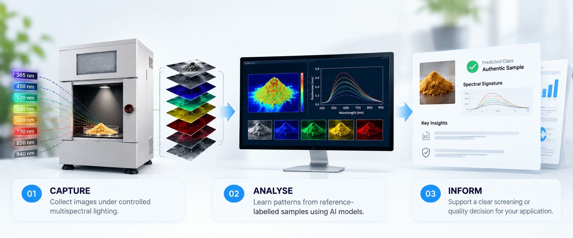 The MSI workflow: the device captures images under multispectral lighting, AI models analyse them, and the result informs a screening or quality decision