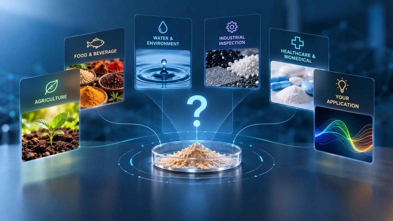 A sample dish surrounded by application areas, with a question mark above it