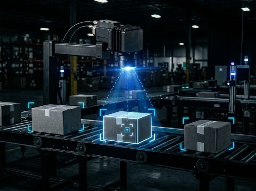 Vision system scanning boxes on a factory conveyor belt