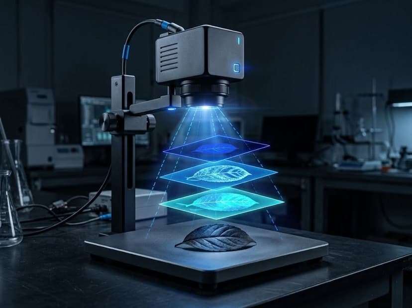 Multispectral imaging camera scanning a leaf in layered light bands