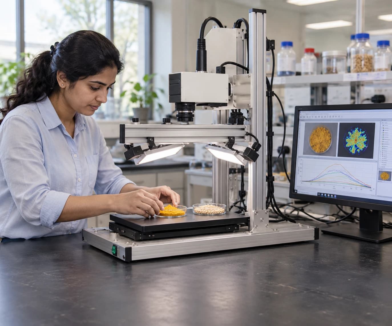 Illustrative laboratory scene of a researcher preparing turmeric and grain samples under a spectral imaging scanner