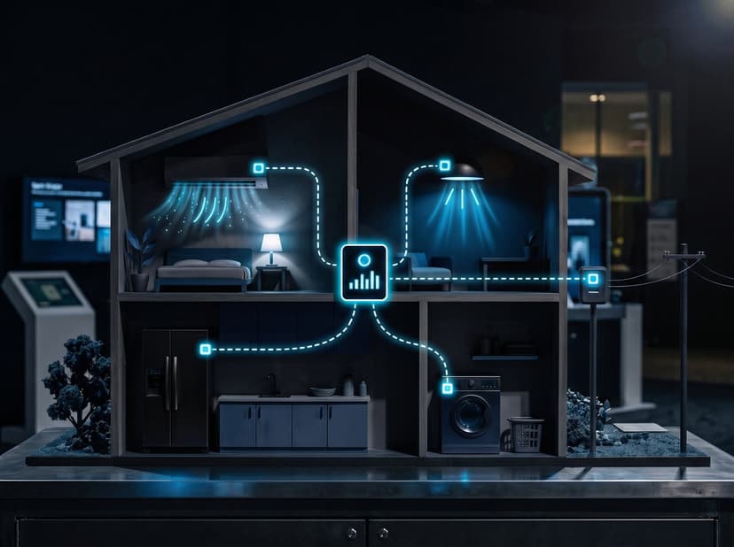 Cutaway of a smart home with connected energy sensors on every appliance