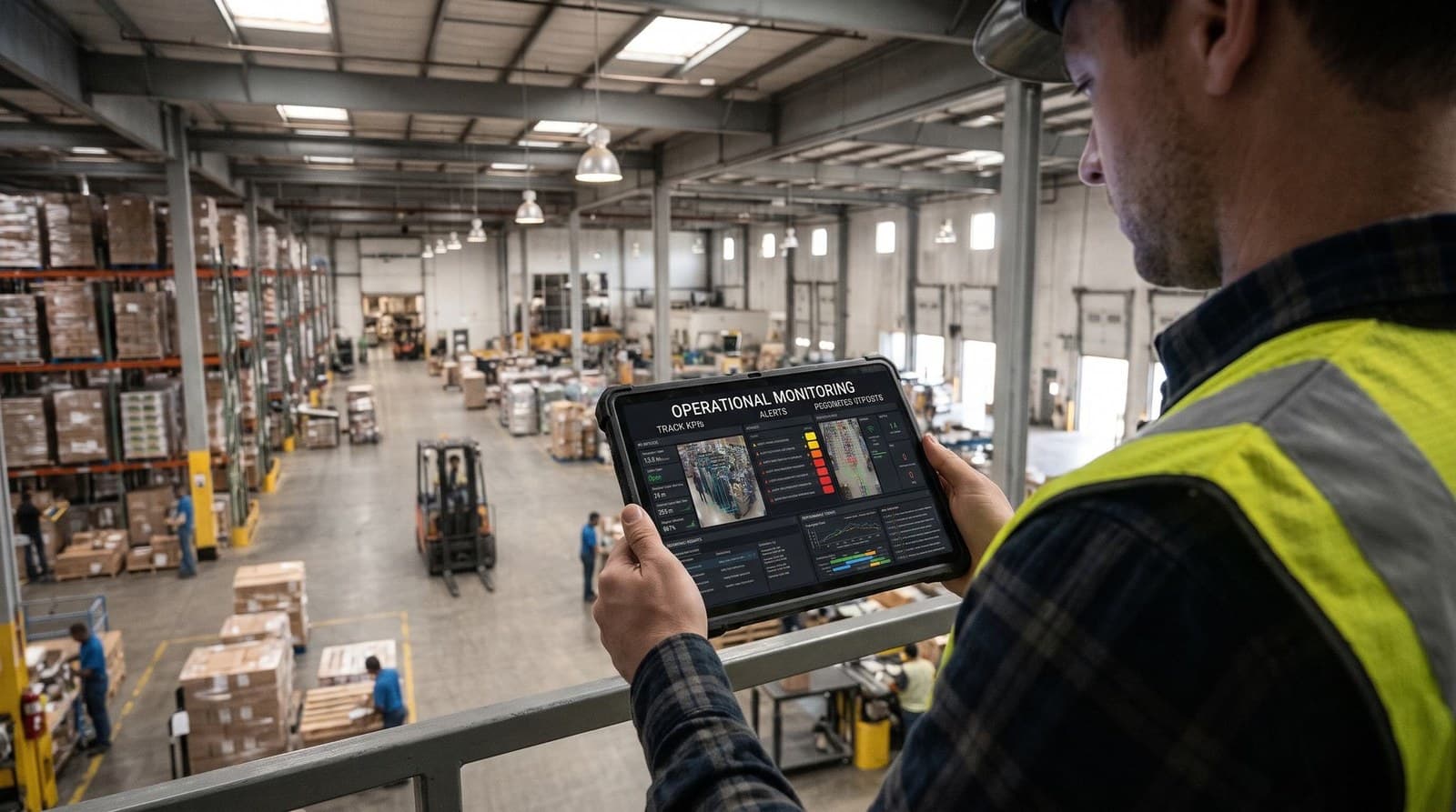 A supervisor reviewing an operations dashboard above a busy warehouse
