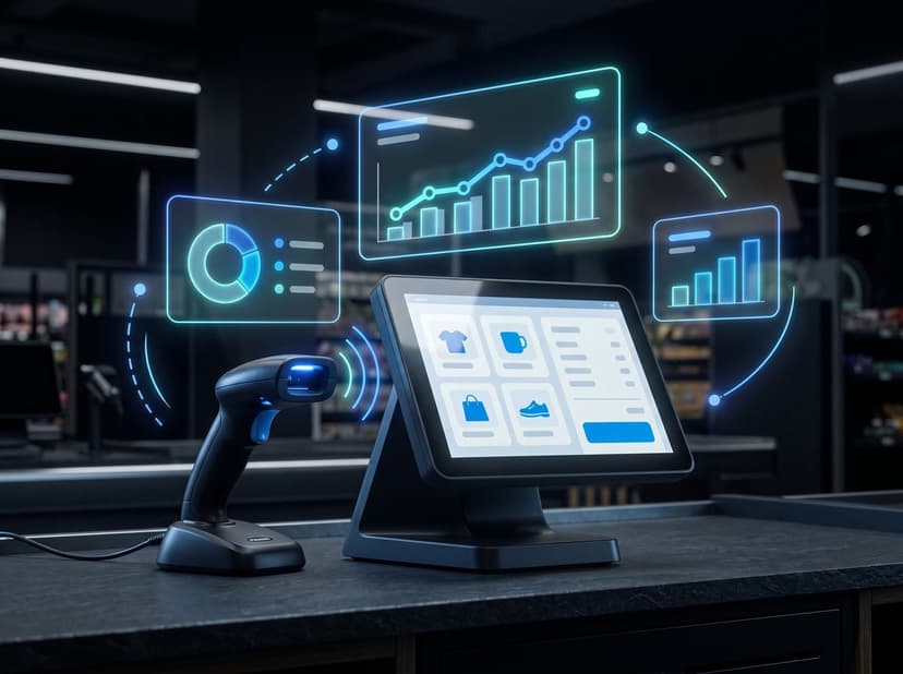 Point-of-sale terminal surrounded by floating analytics dashboards
