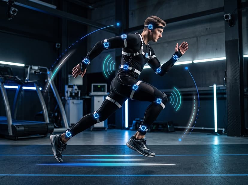Athlete sprinting in a motion-capture suit fitted with glowing sensors